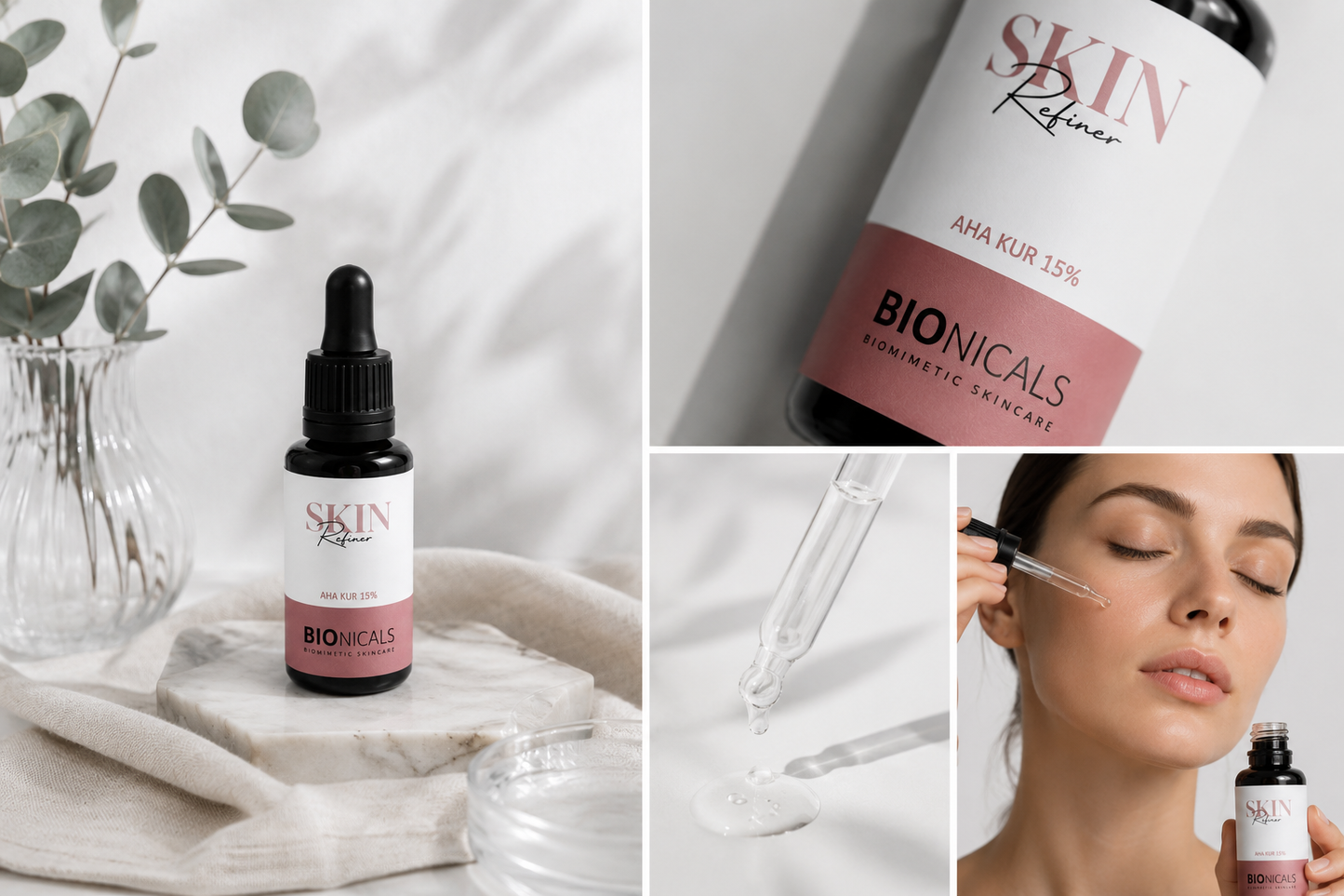 BIONICALS Skin Refiner AHA Kur 15 % mit Fruchtsäuren zur Verbesserung des Hautbildes, Verfeinerung der Poren, Milderung von Pigmentflecken und Unterstützung der Hauterneuerung.