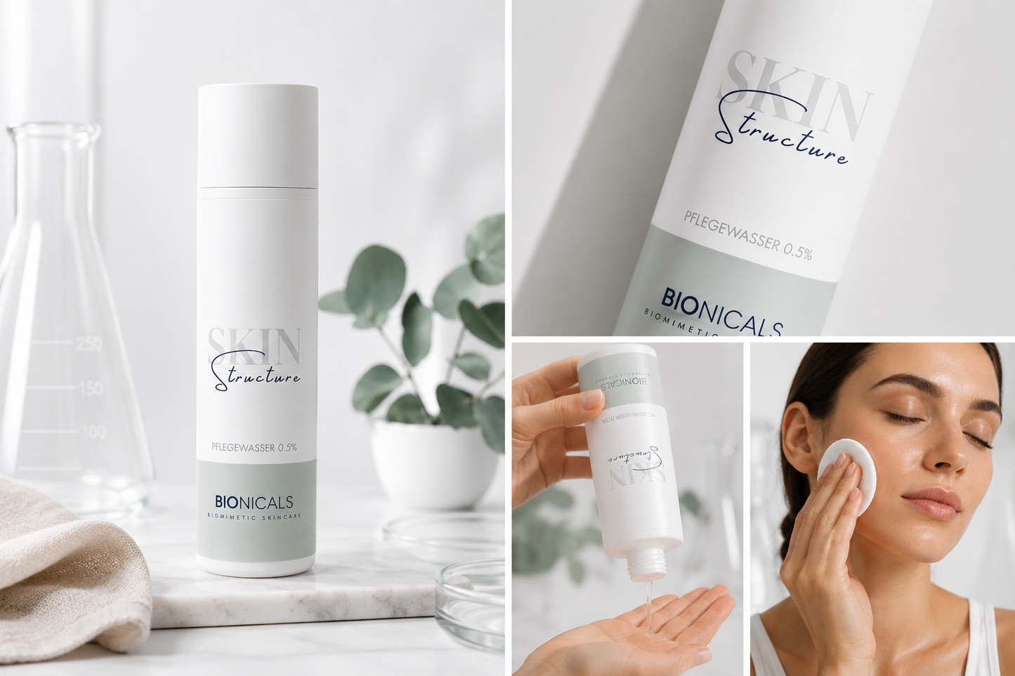 BIONICALS Skin Structure Pflegewasser mit hautfreundlichen Wirkstoffen für mehr Feuchtigkeit, eine starke Hautbarriere und die optimale Vorbereitung auf die nachfolgende Pflege.
