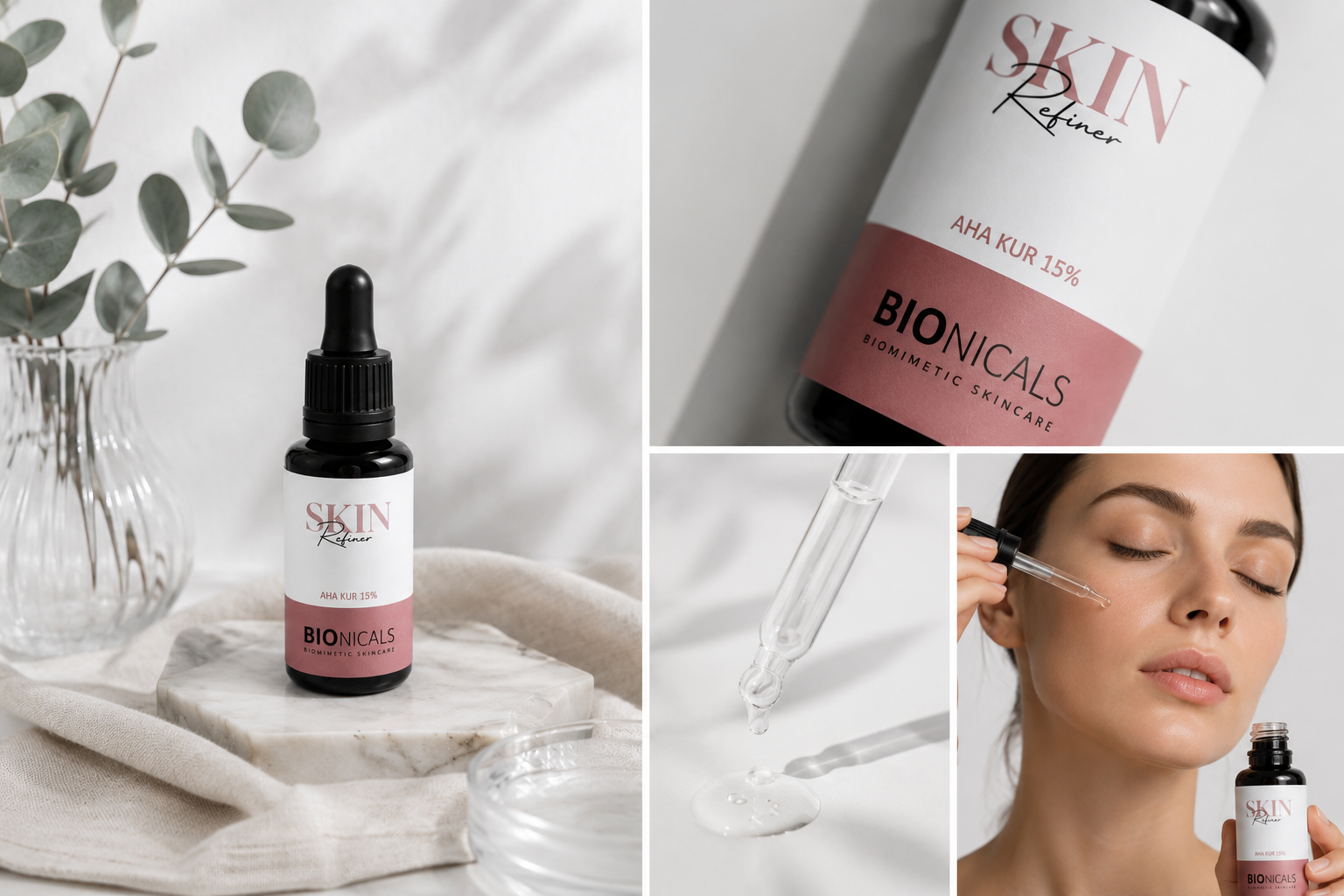BIONICALS Skin Refiner AHA Kur 15 % mit Fruchtsäuren zur Verbesserung des Hautbildes, Verfeinerung der Poren, Milderung von Pigmentflecken und Unterstützung der Hauterneuerung.