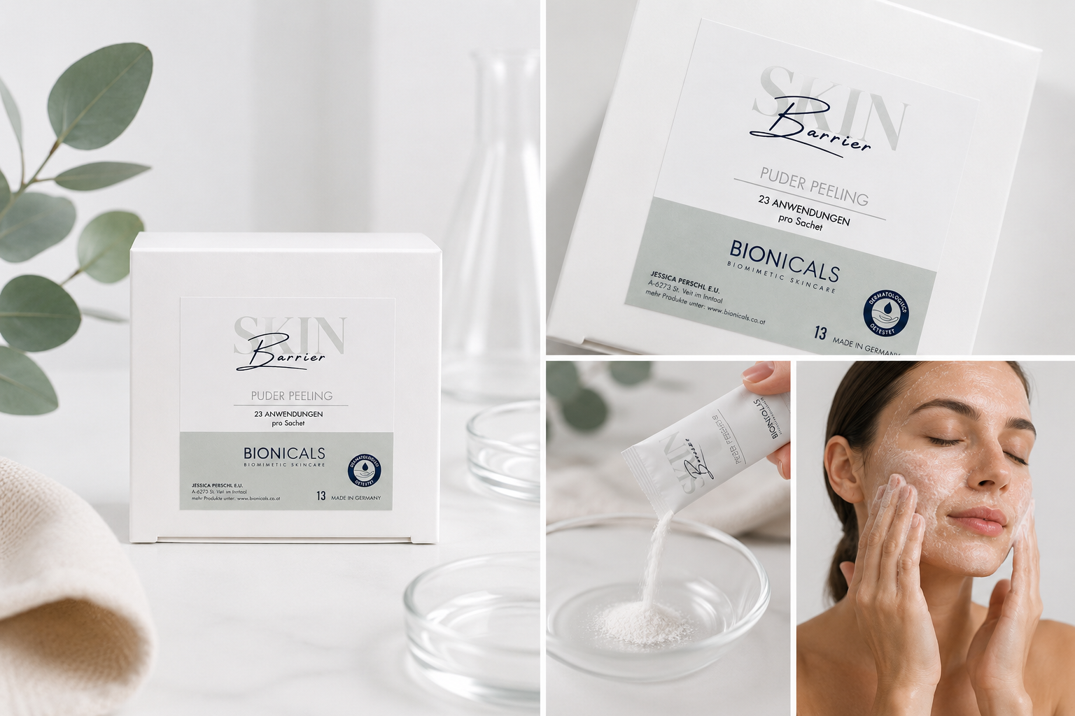 BIONICALS Skin Barriere Puderpeeling für empfindliche Haut. Entfernt abgestorbene Hautzellen besonders schonend, verfeinert das Hautbild und unterstützt die natürliche Hautbarriere.