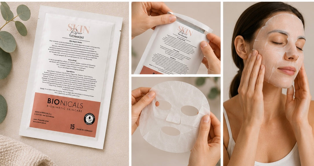 BIONICALS Skin Repair Tuchmaske für trockene, empfindliche und gereizte Haut. Unterstützt die Regeneration der Hautbarriere, spendet Feuchtigkeit und sorgt für ein entspanntes Hautgefühl.