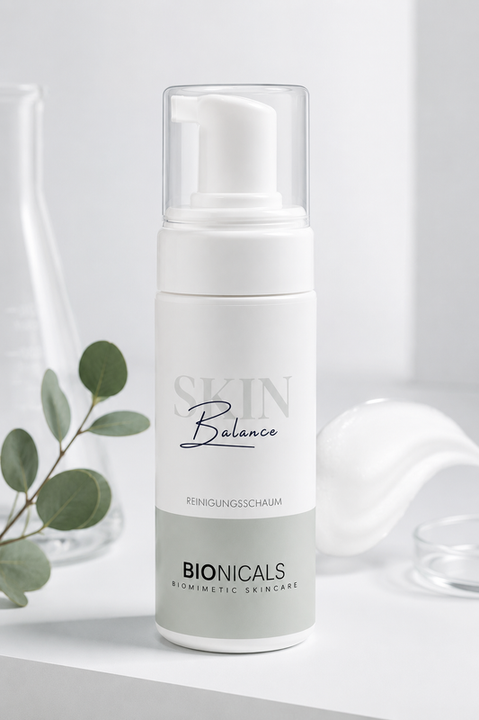 BIONICALS Skin Balance Reinigungsschaum für empfindliche und feuchtigkeitsarme Haut. Reinigt gründlich, entfernt Make-up und Schmutzpartikel und unterstützt die natürliche Hautbarriere.