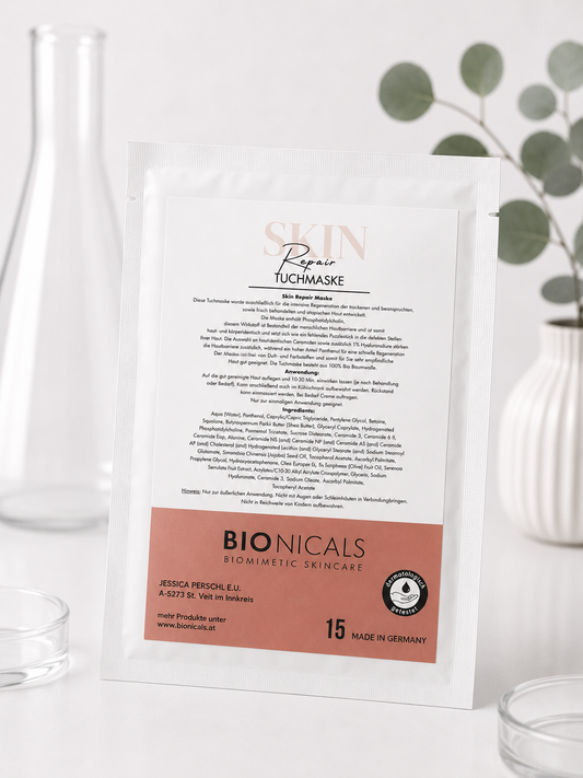 BIONICALS Skin Repair Tuchmaske für trockene, empfindliche und gereizte Haut. Unterstützt die Regeneration der Hautbarriere, spendet Feuchtigkeit und sorgt für ein entspanntes Hautgefühl.