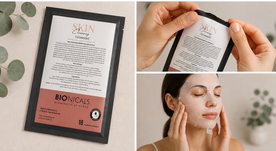 BIONICALS Skin Cleansing Tuchmaske für unreine, gestresste und fahle Haut. Reinigt die Haut intensiv, verfeinert das Hautbild und sorgt für ein frisches Hautgefühl.